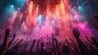 © asayenka - Silhouettes of enthusiastic fans raising their hands during a live concert performance, with bright stage lights and dynamic colors creating an energetic atmosphere.