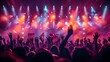 © asayenka - Silhouettes of enthusiastic fans raising their hands during a live concert performance, with bright stage lights and dynamic colors creating an energetic atmosphere.