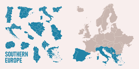 Wall Mural - Southern Europe map. Italy, portugal, spain, croastia, greece, malta. maps with regions. Europe map isolated on white background. High detailed.