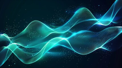 Wall Mural - perspective illustration of abstract green and blue wave light effects featuring magic luminous azur