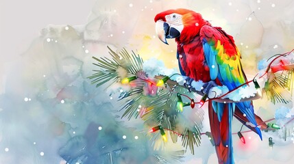 Wall Mural - Vibrant watercolor art of a colorful parrot on a snowy pine branch adorned with lights. Concept of tropical bird, winter, holiday season, nature, Christmas. Copy space