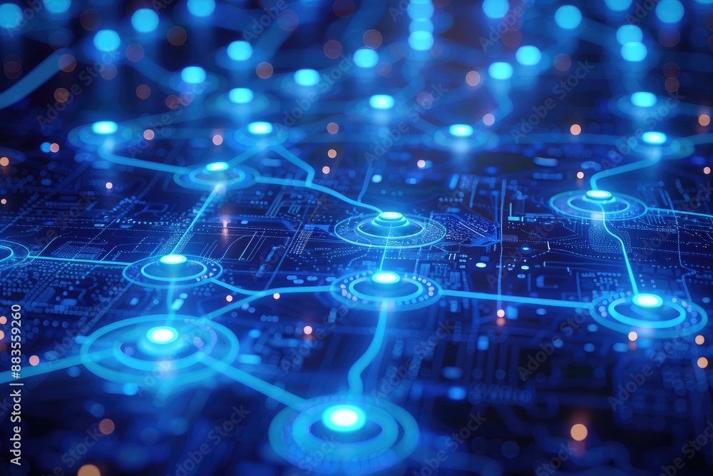 Glowing blue circuit board with glowing nodes and connections Stock ...