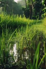 Wall Mural - A small stream running through a lush green forest with dense foliage and natural surroundings