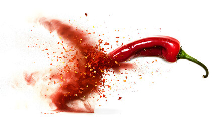 Wall Mural - Isolated chili pepper on white background. Exploding pepper. Paprika. Spice. Hot pepper turns into powder. Taste of pepper. Mexican. Element for the design.