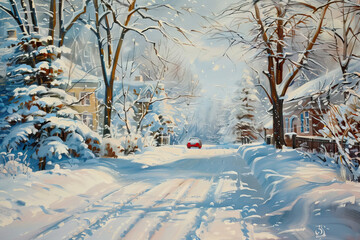 Poster - A beautiful winter scene of a snow-covered suburban street with houses on both sides, trees laden with snow, and soft morning light casting shadows.