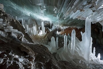 Wall Mural - A crystalline cave system where stalactites grow with each new discovery in medical science