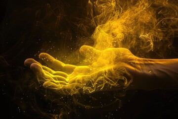 A person holds out their hand with yellow smoke emanating from it, conveying a sense of warning or caution