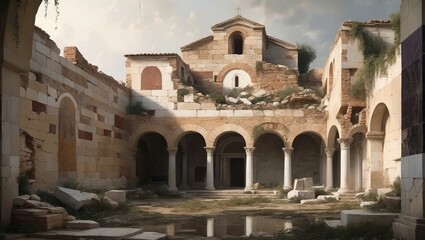 Canvas Print - Ruined building with arches and columns, overgrown with vegetation