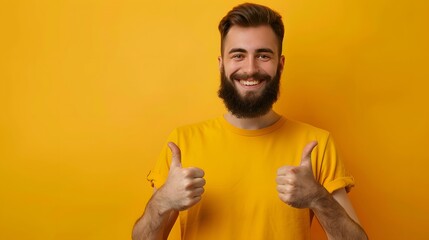 Young handsome man with beard over isolated yellow background with thumbs up because something good has happened.