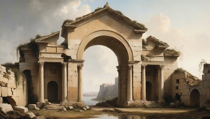 Wall Mural - A stone archway stands as the centerpiece of ancient ruins, overlooking a coastal landscape