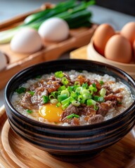 Wall Mural - Tasty Beef Congee with Fresh Scallions and Egg. Generative AI.