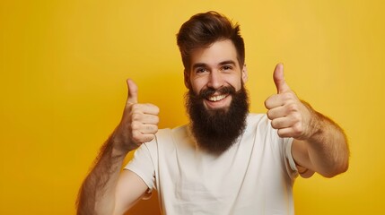 Young handsome man with beard over isolated yellow background with thumbs up because something good has happened.