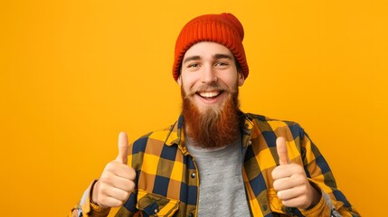 Young handsome man with beard over isolated yellow background with thumbs up because something good has happened.