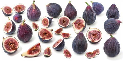 Poster - Freshly cut figs arranged on a clean white surface, ideal for use as a still life photography prop or as a background element