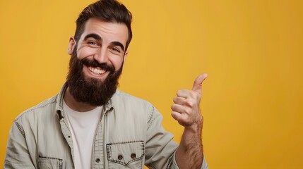 Young handsome man with beard over isolated yellow background with thumbs up because something good has happened.