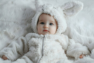 Wall Mural - A contented baby in a fluffy bunny suit, isolated from the surroundings, removed from the background, with no background. Concept of comfort and security. 