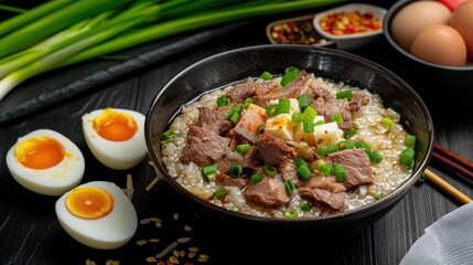 Wall Mural - Hearty Beef and Rice Bowl with Eggs and Green Onions. Generative AI.