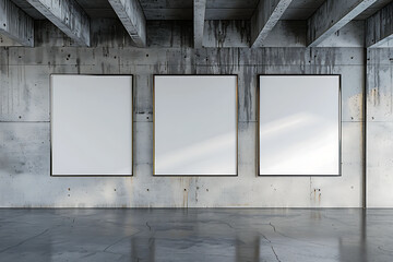 Wall Mural - Modern concrete gallery interior with empty frames on wall. Mock up, 3D Rendering