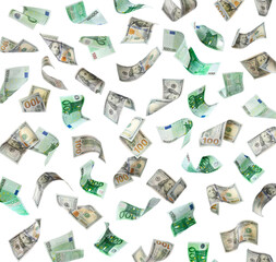 Wall Mural - Many dollar and euro banknotes falling on white background