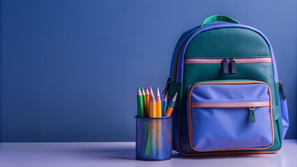 a green backpack with pencils and pencils in a cup with pencils in it - back to school concept