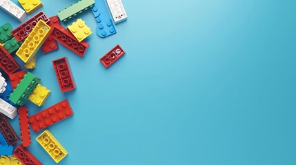 Colorful Plastic Building Bricks Scattered on Blue Background