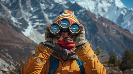 binoculars in hands of a sherpa guide in front view