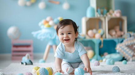 Wall Mural - a happy toddler playing in a light blue room full of pastel-colored toys