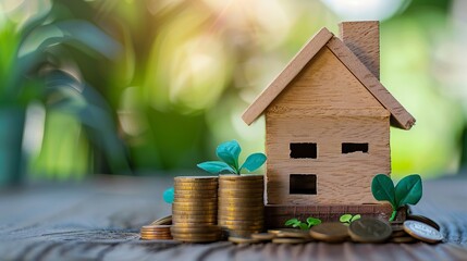 Wall Mural - A symbolic representation of home loans and savings portrayed by a miniature wooden house model along with neatly stacked coins on a rustic wooden table, evoking financial aspirations.