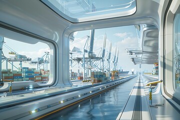 Wall Mural - A futuristic shipping port with automated cranes, digital monitoring systems, sleek container ships, and an efficient, streamlined design that showcases the future of global logistics