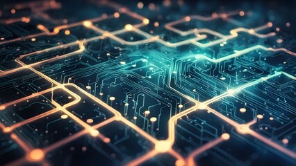 A computer chip with a blue background and orange lines