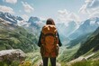 © kitipol - An ecstatic traveler with a backpack pauses to enjoy the stunning mountain vista, capturing the thrill of adventure and the beauty of nature, with ample space for custom text or branding.