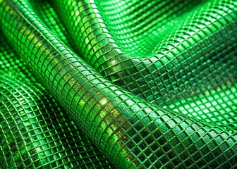 Vibrant green fabric with intricate silver grid pattern sewn throughout, metallic threads catching light, creating a futuristic and high-tech textured background or material design element.