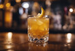 © abu - Whiskey sour in a crystal tumbler with a lemon twist and cherry in an upscale whiskey bar