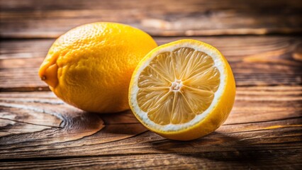 Poster - Brightly lit, freshly cut yellow lemon with slight peel imperfections and subtle vibrant texture on a rustic wooden background.