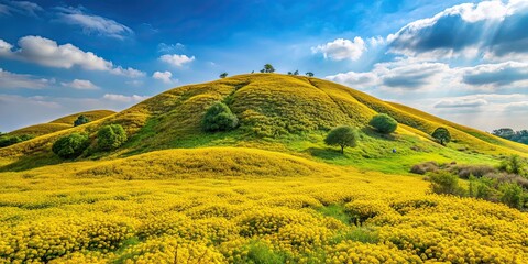 Wall Mural - Verdant hill covered in blooming yellow flowers during spring season, nature, landscape, render, scenery, greenery