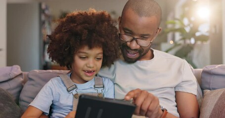 Canvas Print - Father, boy and relax with tablet on sofa at house by reading online ebook, storytelling or bonding together for support. Man, child and digital streaming cartoon movie, love or development care