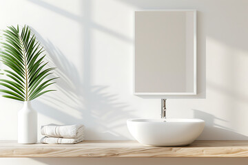 Wall Mural - Interior of modern bathroom with white bathtub, round mirror and white towel on wooden shelf