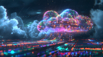 Wall Mural - futuristic digital illustration of cloud computing concept neural network technology ai data flow st