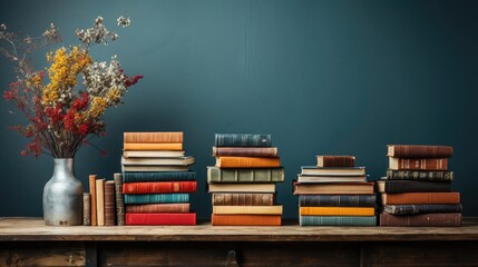 Wall Mural - Front view pile of books on minimalistic background or stock of books for world book day background