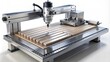 © DigitalArt Max - A CNC machine's table bears a bench vise firmly grasping a workpiece, adjacent to a setting tool measuring its precise length.