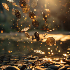 Falling gold coins with bokeh background. Cryptocurrency concept