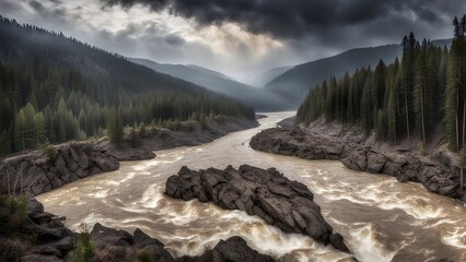 Wall Mural - A river with a rocky shoreline and a cloudy sky in the background