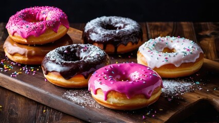 Wall Mural - four donuts on a wooden board with sprinkles