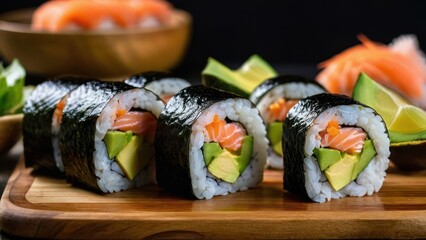 Wall Mural - sushi rolls on a cutting board with avocado and salmon