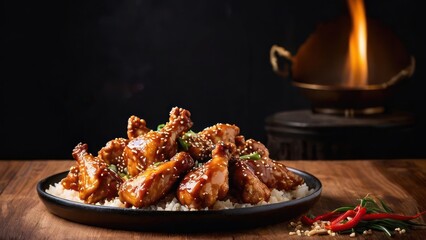 Wall Mural - a plate of food with meat and rice on a table