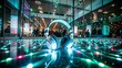 © DigitalArt Max - Vibrant lights illuminate a trendy modern setting with multicolored headphones scattered across an empty floor, capturing the essence of a lively silent disco.