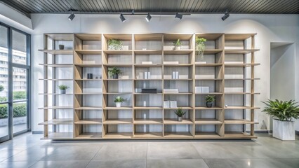 Wall Mural - Modern minimalist interior design featuring sleek wooden shelves with varying heights and empty spaces, set against a pure white backdrop.