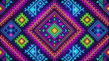 Vibrant neon Aztec geometric pattern on dark background, neon, Aztec, geometric, modern, vibrant, pattern, design