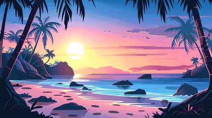 Wall Mural - Tropical paradise island sunset beach landscape with palm trees and rocks