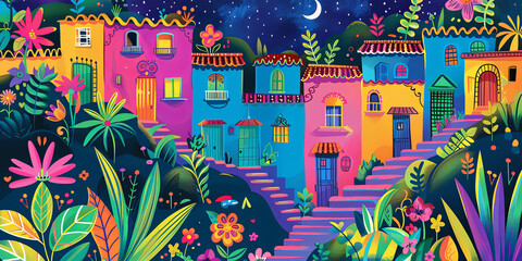 Canvas Print - colorful Mexican village with terraced houses and wildflowers, generative AI